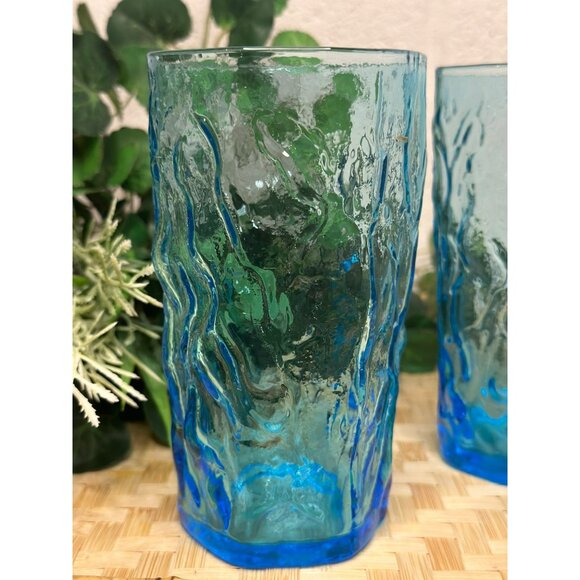 VTG Lido Milano Aquamarine Juice Glasses, Retro Cool Crinkle Ocean Blue Set of 2 - Picture 3 of 6